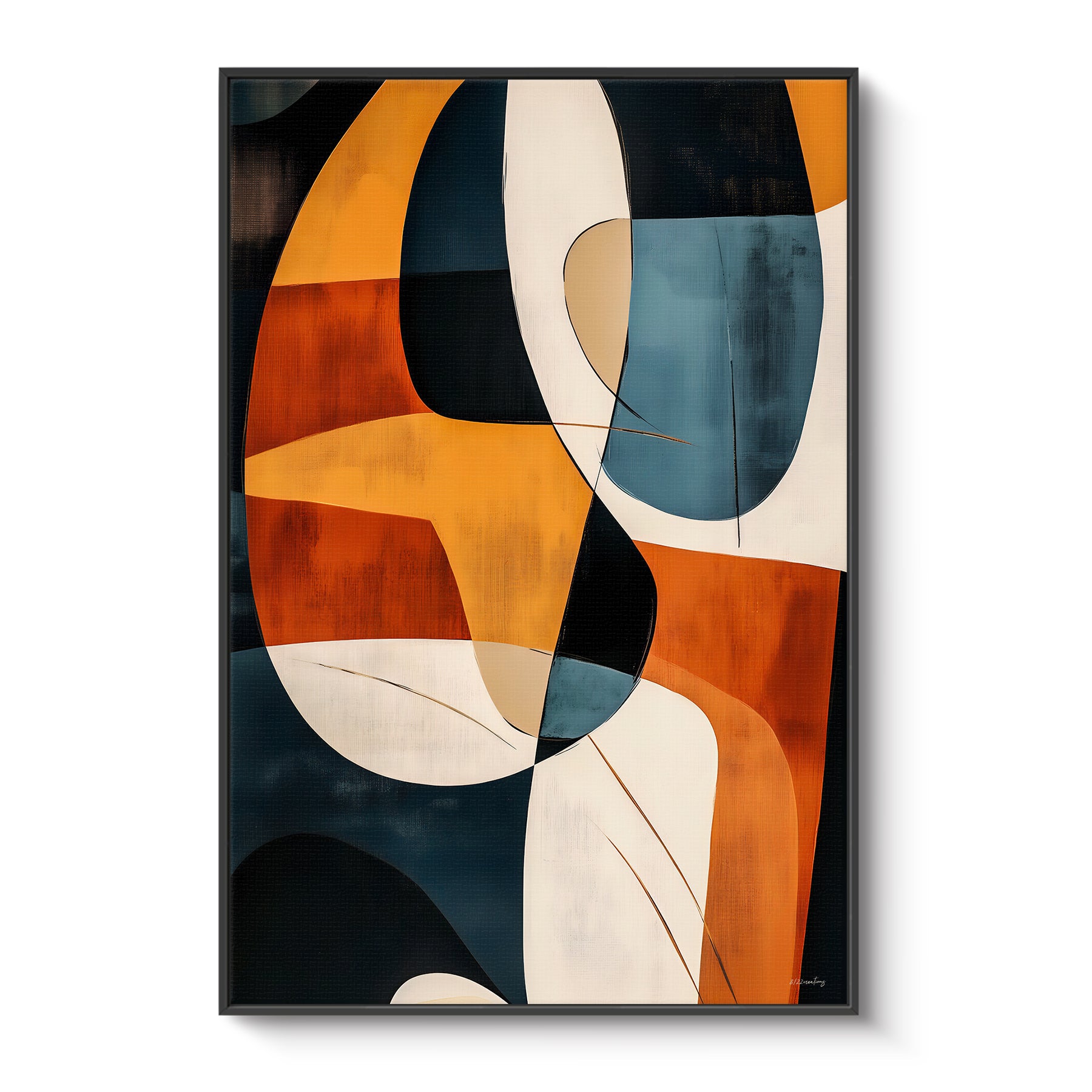 Framed canvas print with interlocking organic shapes in burnt orange, navy, cream and slate blue — bold mid-century modern wall art in a black floating frame